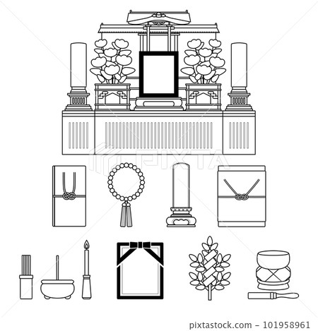 Buddhist scene item set / line drawing / black and white / simple 101958961