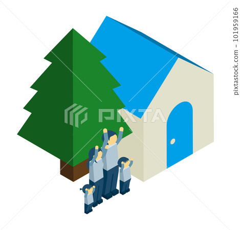 Happy family with isometry blue roof house and jagged tree Happy family with isometry blue roof house and jagged tree 101959166