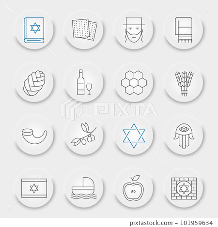 Rosh Hashanah line icon set, shana tova symbols collection, vector sketches, neumorphic UI UX buttons, israel signs linear pictograms package isolated on white background, eps 10. 101959634