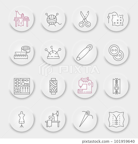Sewing line icon set, tailor symbols collection, vector sketches, neumorphic UI UX buttons, dressmaking signs linear pictograms package isolated on white background, eps 10. 101959640