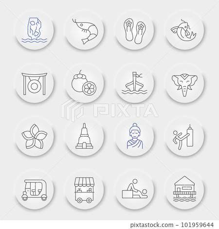 Thailand line icon set, thai symbols collection, vector sketches, neumorphic UI UX buttons, asia signs linear pictograms package isolated on white background, eps 10. Thailand line icon set, thai symbols collection, vector sketches, neumorphic UI UX buttons, asia signs linear pictograms package isolated on white background, eps 10. 101959644