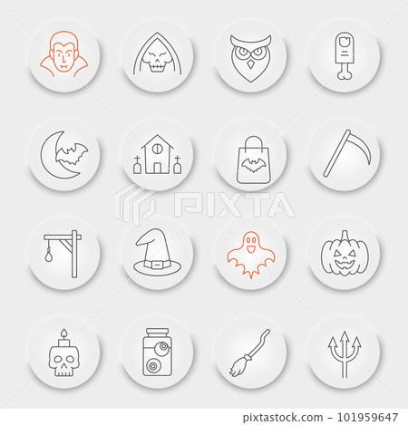 Halloween line icon set, horror symbols collection, vector sketches, neumorphic UI UX buttons, creepy holiday signs linear pictograms package isolated on white background, eps 10. 101959647