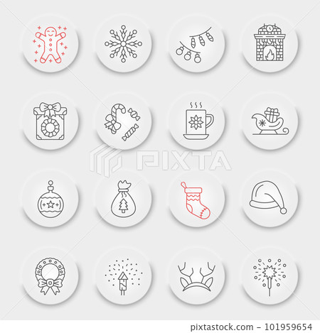 Christmas line icon set, holiday symbols collection, vector sketches, neumorphic UI UX buttons, new year signs linear pictograms package isolated on white background, eps 10. Christmas line icon set, holiday symbols collection, vector sketches, neumorphic UI UX buttons, new year signs linear pictograms package isolated on white background, eps 10. 101959654