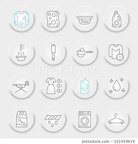 Laundry line icon set, washing symbols collection, vector sketches, neumorphic UI UX buttons, housework signs linear pictograms package isolated on white background, eps 10. Laundry line icon set, washing symbols collection, vector sketches, neumorphic UI UX buttons, housework signs linear pictograms package isolated on white background, eps 10. 101959659
