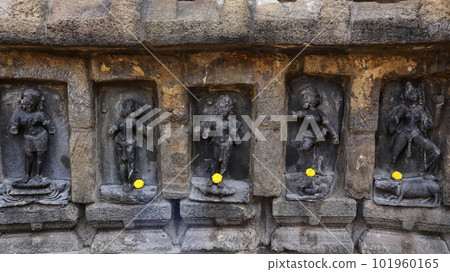 Statues of Shanti / Kanti / Lakshmi / Manada, Vrddhi / Kriya / Varuni, Gauri / Ksemankari, Aindri / Indraniand Varahi Yoginis, Chausath Yogini Temple, Hirapur, Bhubaneshwar, Odisha, India. Statues of Shanti / Kanti / Lakshmi / Manada, Vrddhi / Kriya / Varuni, Gauri / Ksemankari, Aindri / Indraniand Varahi Yoginis, Chausath Yogini Temple, Hirapur, Bhubaneshwar, Odisha, India. 101960165