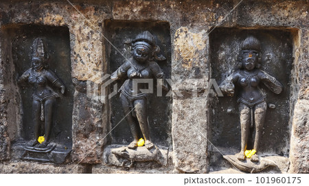 Statues of Yasha, Aghora / Vaivasvati and Bhadrakali / Rudrakali, Chausath Yogini Temple, Hirapur, Bhubaneshwar, Odisha, India. 101960175