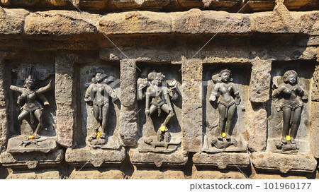 Statues of Abhaya / Virakumari, Maheswari, Kamakshi / Ambika, Kamayani and Ghatabari, Chausath Yogini Temple, Hirapur, Bhubaneshwar, Odisha, India. Statues of Abhaya / Virakumari, Maheswari, Kamakshi / Ambika, Kamayani and Ghatabari, Chausath Yogini Temple, Hirapur, Bhubaneshwar, Odisha, India. 101960177