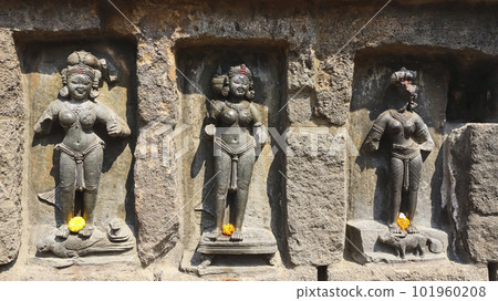 Statues of Aditi, Chandrakanti, and Vayuvega, Yogini Temple, Hirapur, Bhubaneshwar, Odisha, India. 101960208