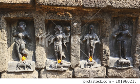 Statues of Murati, Ganga, Dhumavati / Tarini, and Gandhari, Yogini Temple, Hirapur, Bhubaneshwar, Odisha, India. Statues of Murati, Ganga, Dhumavati / Tarini, and Gandhari, Yogini Temple, Hirapur, Bhubaneshwar, Odisha, India. 101960213