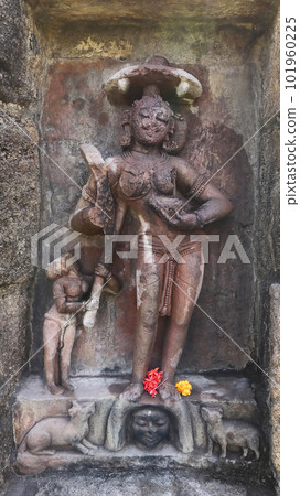 Katayani Images on exterior niches of the 2m high circular temple wall. Each holding a blade in hand and a severed head at the base. Yogini Temple, Hirapur, Bhubaneshwar, Odisha, India. Katayani Images on exterior niches of the 2m high circular temple wall. Each holding a blade in hand and a severed head at the base. Yogini Temple, Hirapur, Bhubaneshwar, Odisha, India. 101960225