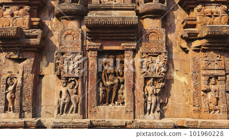 Sculptures of Hindu God and Goddess on the Baitala Deula, Temple is Dedicated to Goddess Chamunda, the 8th Century Temple, Bhubaneshwar, Odisha, India. 101960228