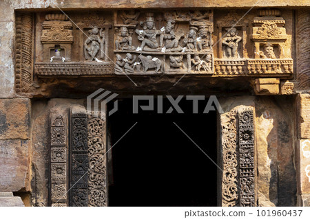 Ancient Carving on the entrance of Bharateswara Shiva Temple, Built during the Soma Vansh Period in early 12th Century AD, Bhubaneshwar, Orissa, India. Ancient Carving on the entrance of Bharateswara Shiva Temple, Built during the Soma Vansh Period in early 12th Century AD, Bhubaneshwar, Orissa, India. 101960437