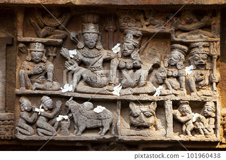 Ancient Human Life Carving on Bharateswara Shiva Temple, Built during the Soma Vansh Period in early 12th Century AD, Bhubaneshwar, Orissa, India. Ancient Human Life Carving on Bharateswara Shiva Temple, Built during the Soma Vansh Period in early 12th Century AD, Bhubaneshwar, Orissa, India. 101960438