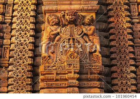 Ancient Carving on the Mukteshwara Temple, Temple is Dedicated to Lord Shiva, built in 950 A.D By Somavanshi Dynasty, Bhubaneshwar, Odisha, India. 101960454