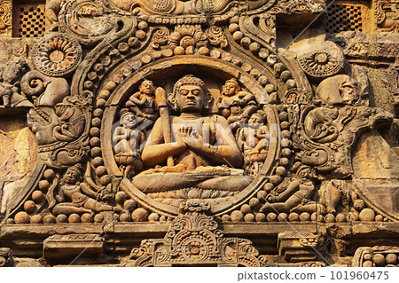 Carving Lord Buddha on the Brahmeswara Temple, Bhubaneshwar, Odisha, India. Carving Lord Buddha on the Brahmeswara Temple, Bhubaneshwar, Odisha, India. 101960475
