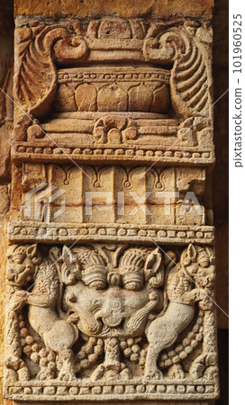 Ancient Lion Face Carving on the Parshurameshwara Temple, Bhubaneshwar, Odisha, India. Ancient Lion Face Carving on the Parshurameshwara Temple, Bhubaneshwar, Odisha, India. 101960525