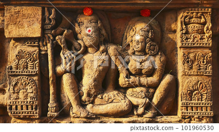 Carving Sculpture of Lord Shiva and Parvati on the Parshurameshwara Temple, Bhubaneshwar, Odisha, India. Carving Sculpture of Lord Shiva and Parvati on the Parshurameshwara Temple, Bhubaneshwar, Odisha, India. 101960530