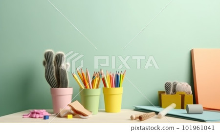 Kids desk creative workspace with school supplies, cactus Illustration AI Generative 101961041