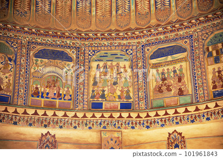 Colorful ceiling of Goenka Chhatri, situated near Shivgarh Fort, now converted in to a Heritage Hotel, Dundlod, Shekhawati, Rajasthan, India Colorful ceiling of Goenka Chhatri, situated near Shivgarh Fort, now converted in to a Heritage Hotel, Dundlod, Shekhawati, Rajasthan, India 101961843