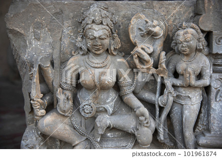 Carved stone idols on the outer wall of The Harshat Mata Temple, a Hindu temple dedicated to a goddess Harshat Mata, Abhaneri, Rajasthan, India 101961874