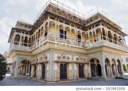 Exteriors of the Mubarak Mahal courtyard, fully developed as late as 1900, City Palace, Jaipur, Rajasthan, India Exteriors of the Mubarak Mahal courtyard, fully developed as late as 1900, City Palace, Jaipur, Rajasthan, India 101961880