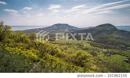 Badacsony Hill and Gulacs Hill in the spring, Badacsony wine region with the Lake Balaton in the background from Toti Hill 101962150
