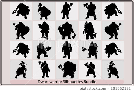 Viking with axe detailed vector silhouette,Gnome and dwarfs blacksmith, gunslinger and warrior silhouette,Black silhouette of a fantasy dwarf 101962151