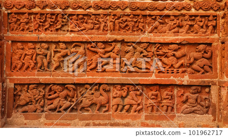 War Scenes on the Jor Bangla Temple, Bishnupur, West Bengal, India. 101962717