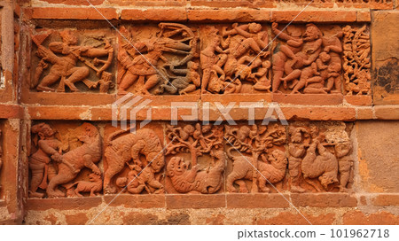 Animal Hunting carvings on the Jor Bangla Temple, Bishnupur, West Bengal, India. 101962718