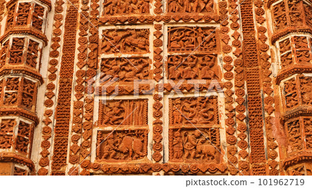 Carvings of Women dancing on the Jor Bangla Temple, Bishnupur, West Bengal, India. 101962719