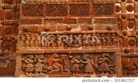 Carvings of Ancient Human Life on the Jor Bangla Temple, Bishnupur, West Bengal, India. Carvings of Ancient Human Life on the Jor Bangla Temple, Bishnupur, West Bengal, India. 101962727