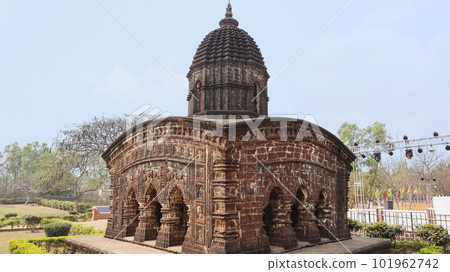 View of one of the Jor-mandir Group of Temples  a cluster of three historic temples, Red Bricks Carving Temple, Bishnupur, West Bengal, India. 101962742