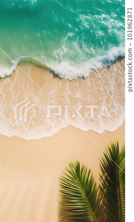 Tropical Beach with Sea Wave, White Sand and Palm Leaves. Summer Travel Vacation Top View Abstract Background. Generative AI. 101962871