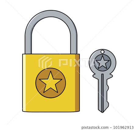 從前面看的鎖著的掛鎖和鑰匙的插圖 101962913
