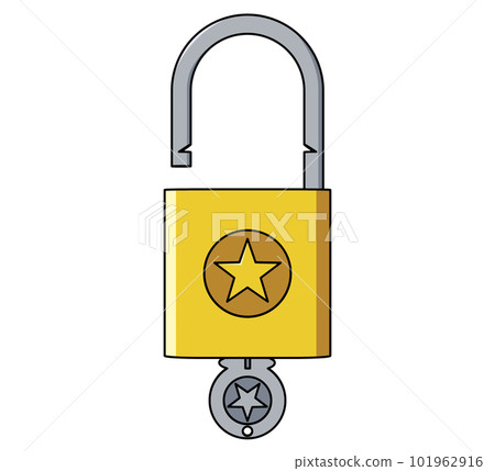 Illustration of an unlocked padlock and key viewed from the front 101962916