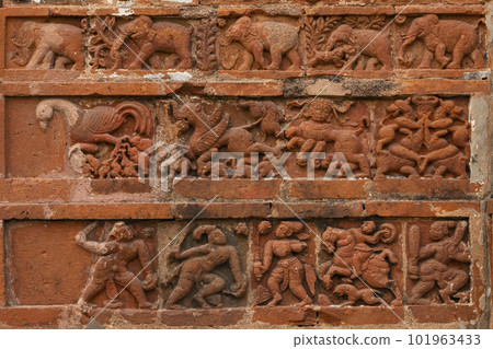 Ancient Human Life and Animals Depicting on the Jor Bangla Temple, West Bengal, India. 101963433