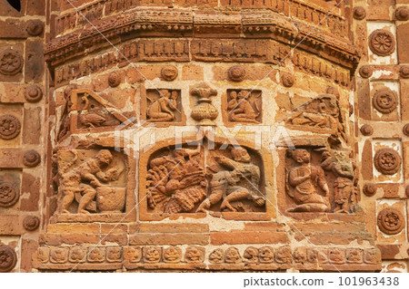 Ancient Carvings on the Jor Bangla Temple, Bishnupur, West Bengal, India. 101963438