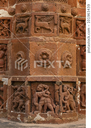 Ancient Carvings on the Jor Bangla Temple, Bishnupur, West Bengal, India. Ancient Carvings on the Jor Bangla Temple, Bishnupur, West Bengal, India. 101963439