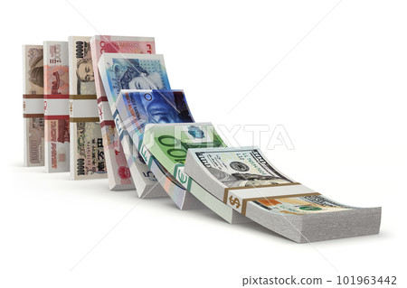 Domino effect concept with stacks of world currencies 101963442