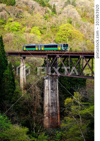 春天穿過瀧谷川大橋的只見線木波 E120 號列車(福島縣柳津町,4 月下旬) 春天穿過瀧谷川大橋的只見線木波 E120 號列車(福島縣柳津町,4 月下旬) 101963920