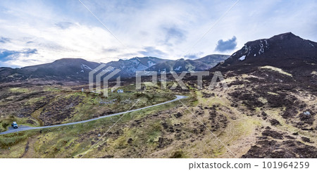 Aerial view of the Pilgrims Path up to the Slieve League cliffs in County Donegal, Ireland Aerial view of the Pilgrims Path up to the Slieve League cliffs in County Donegal, Ireland 101964259