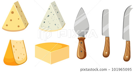 Four different cheese with cheese cutting tools 101965095