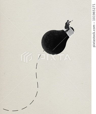 Contemporary art collage with one happy businessman wearing suit riding on light bulb over beige background. Catching inspiration 101965271