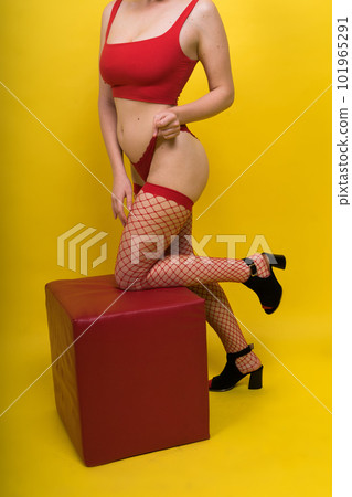 Studio portrait gorgeous young woman in lingerie, blonde beauty in professional makeup. 101965291