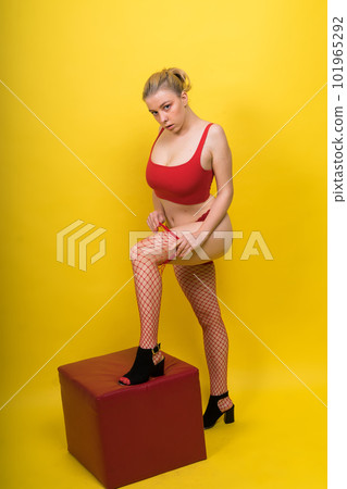 Studio portrait gorgeous young woman in lingerie, blonde beauty in professional makeup. 101965292