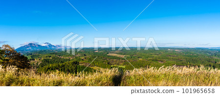 Autumn leaves panorama from Mt. Ogi Observatory (west side) [Aso City, Kumamoto Prefecture] 101965658