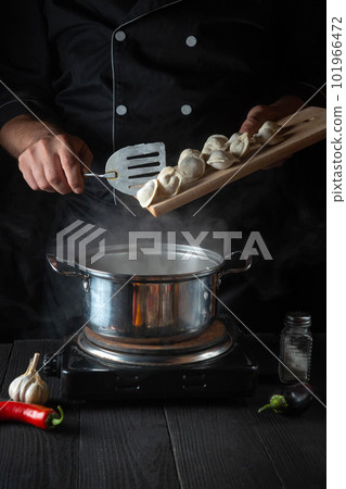 Professional chef cooks meat dumplings in a saucepan in the restaurant kitchen. Close-up of the hands of the cook during work. Free advertising space. Professional chef cooks meat dumplings in a saucepan in the restaurant kitchen. Close-up of the hands of the cook during work. Free advertising space. 101966472