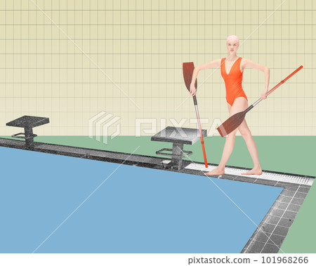 Young athletic girl, swimmer in red swimsuit walking to pool with two paddle, ready to swim. Contemporary art collage. Young athletic girl, swimmer in red swimsuit walking to pool with two paddle, ready to swim. Contemporary art collage. 101968266
