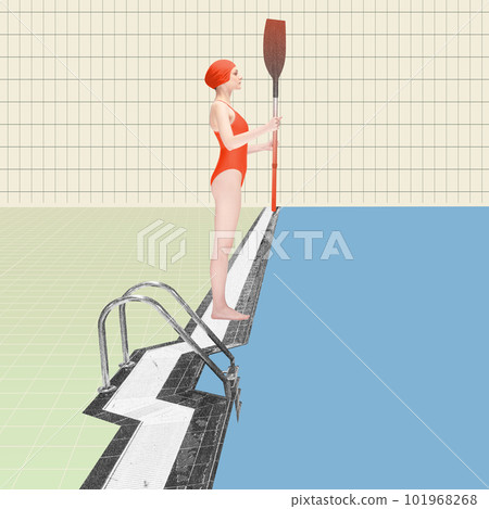 Young athletic girl, swimmer in red swimsuit standing near pool with paddle, ready to swim into pool. Contemporary art collage. Young athletic girl, swimmer in red swimsuit standing near pool with paddle, ready to swim into pool. Contemporary art collage. 101968268