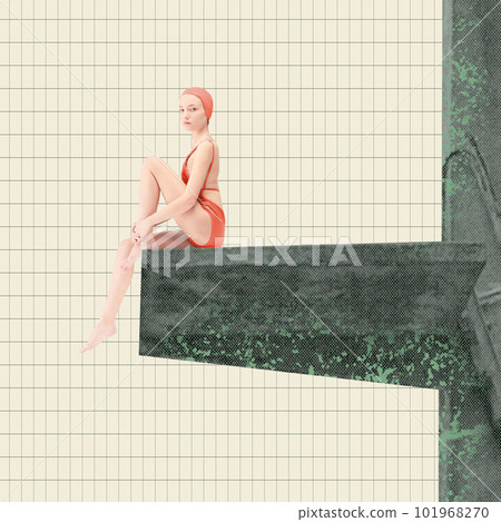 Young girl in red swimsuit and swimming cap sitting on high trampoline, ready to dive and swim. Hobby. Contemporary art collage. Young girl in red swimsuit and swimming cap sitting on high trampoline, ready to dive and swim. Hobby. Contemporary art collage. 101968270